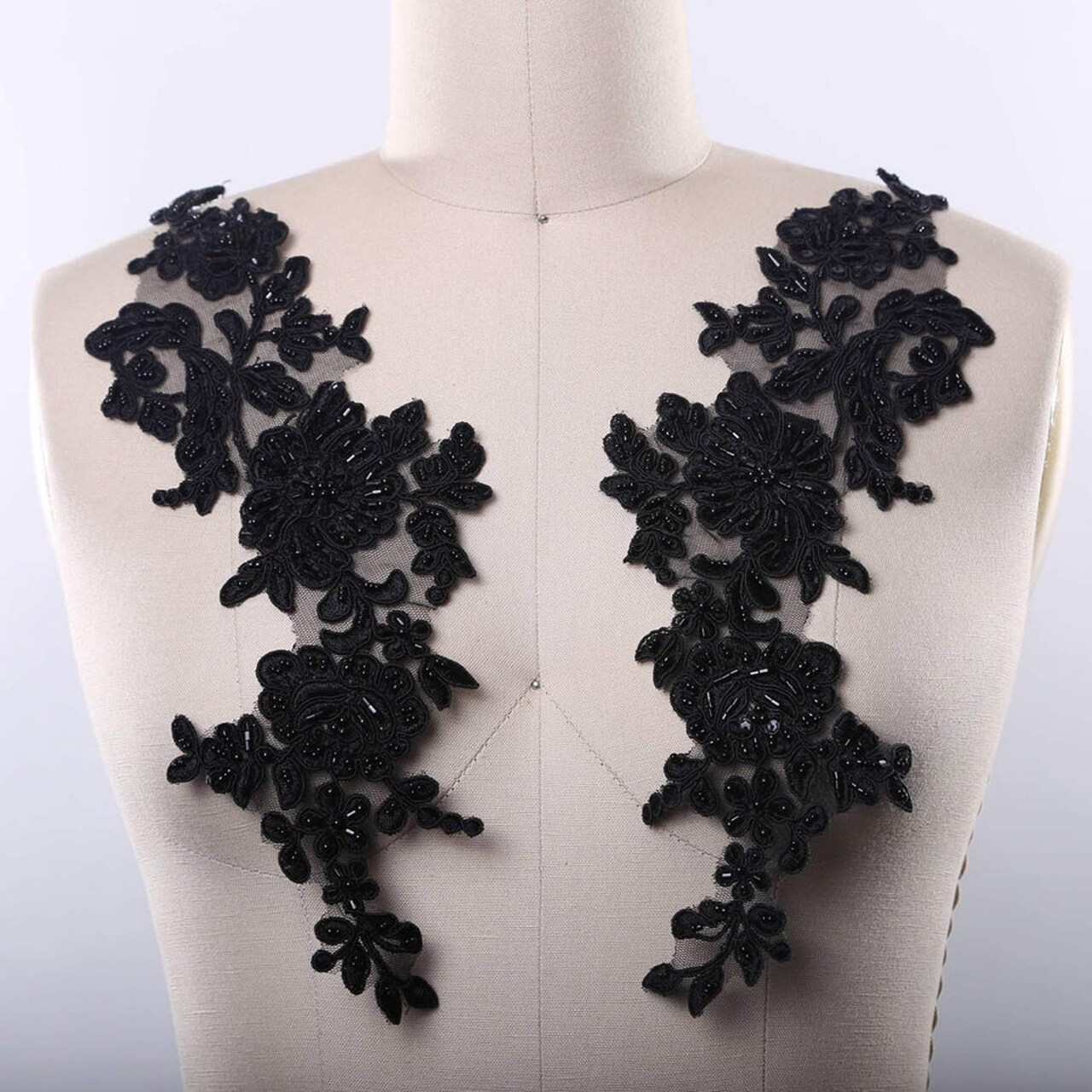 2 Pieces : 13" x 3.5" Black Lace Appliques with Beads for Dressmaking Neckline and Formal Sewing Projects